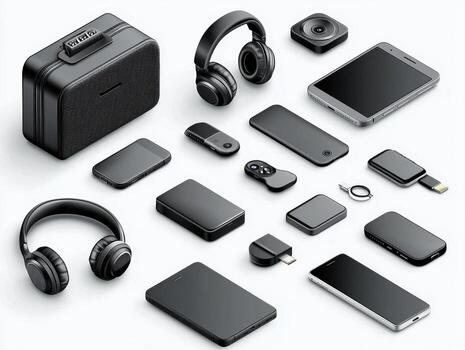 mockup showcases collection of tech gadgets designed in isometric view featuring stylish headphones sleek power bank and modern smartphone all ready for branding and customization photo